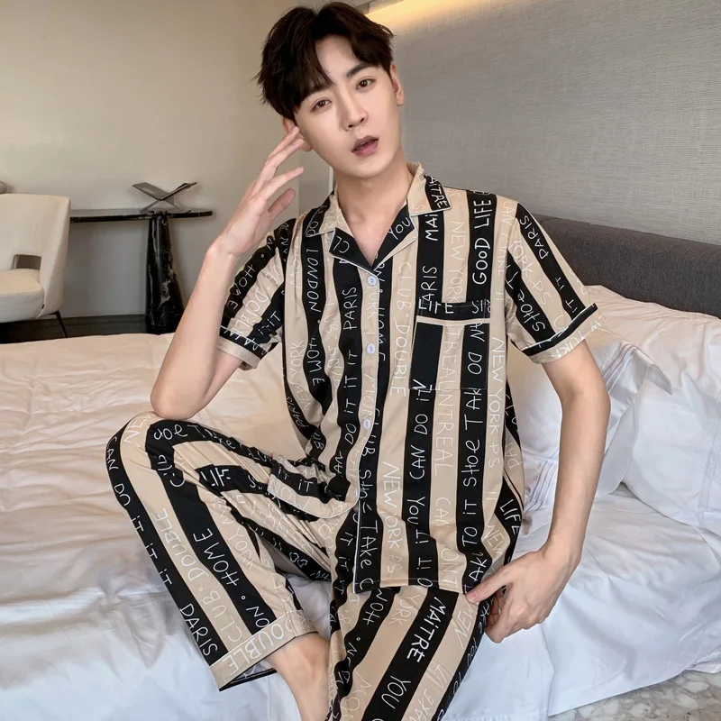 Pajamas for Men 2022 Fall New Pajamas Two-piece Striped Lapel Short-sleeved Pants Sleepwear Casual Loungewear Men Pajama Pijama