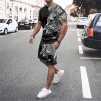 summer tracksuit sets 3d print lion mens t shirt sweat suits 2 piece breathable sportswear man sport suit o neck street clothes