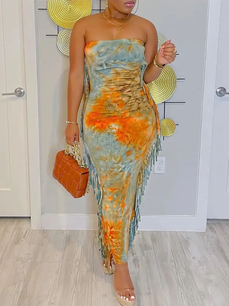 

2023 Autumn Dresses for Women Tie-dye Print Tassel Design Skims Maxi Dress Vestidos De Mujer Casual Elegant Robe Female