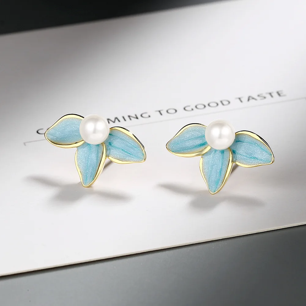 Blue Enamel Flower Pearl Stud Earrings For Women Fine Jewelry Minimalist Cute Plant