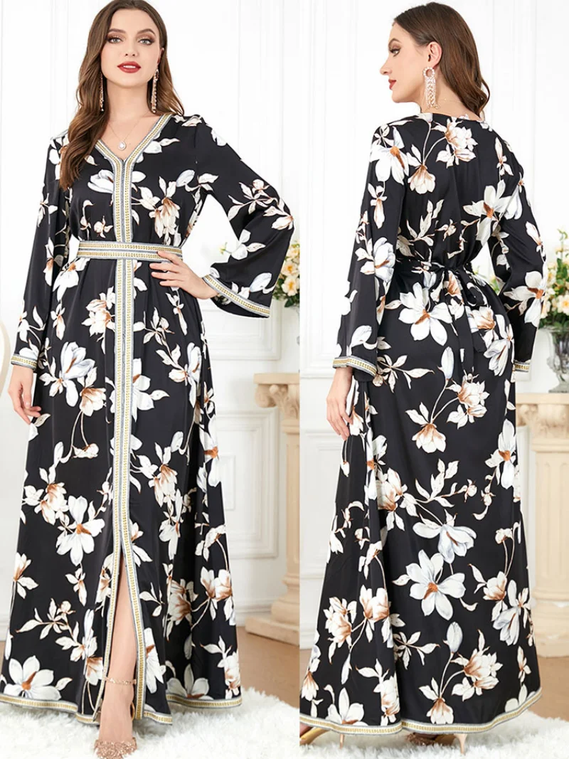 Floral Kaftan Arabic Long Dress Women Printed Muslim Moroccan Party Caftan Gulf Jalabiya Dubai Turkish Abayas Black Dresses