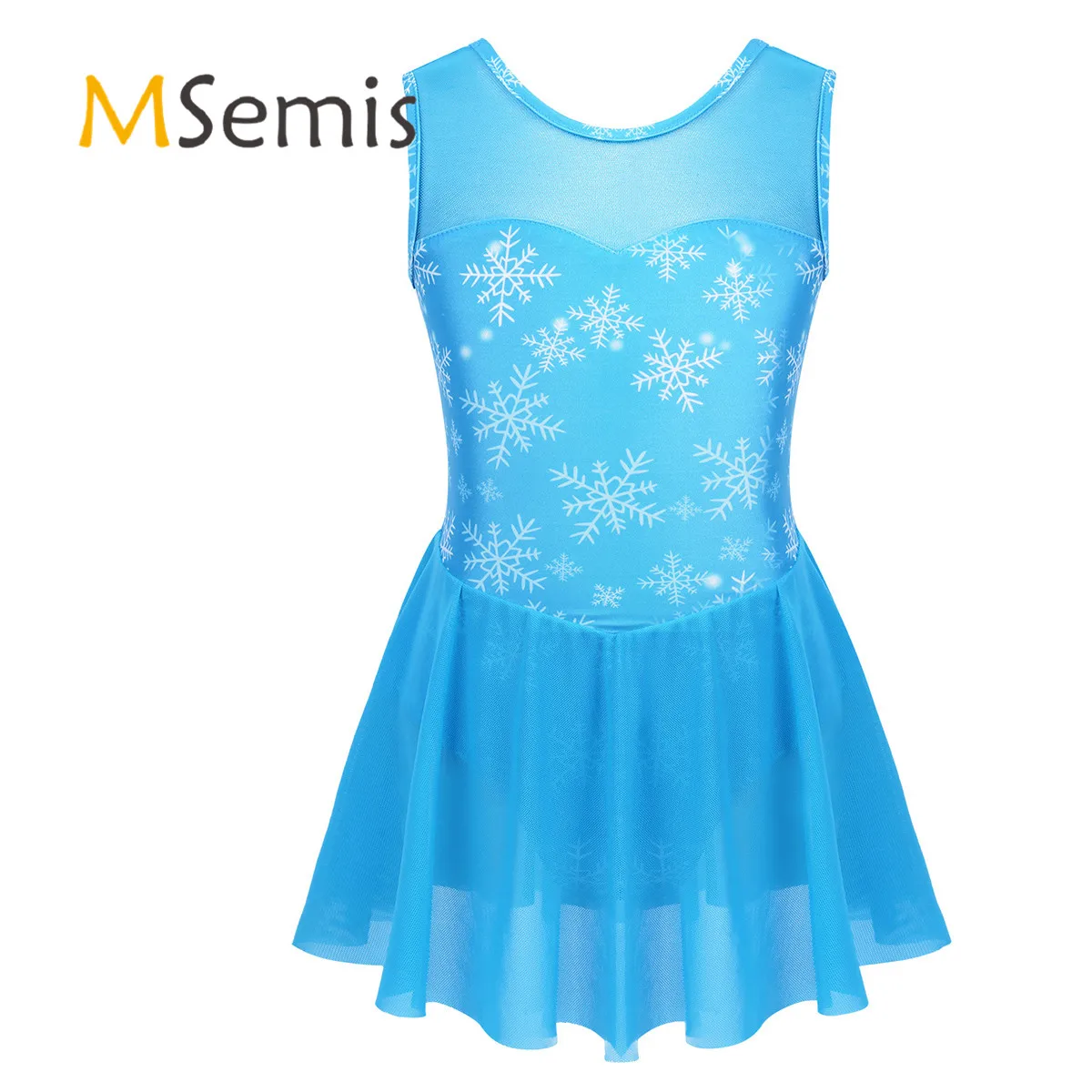 

Kids Girls Ballerina Dancewear Costume Sleeveless Mesh Splice Snowflake Pattern Printed Ballet Dance Gymnastics Leotard Dress