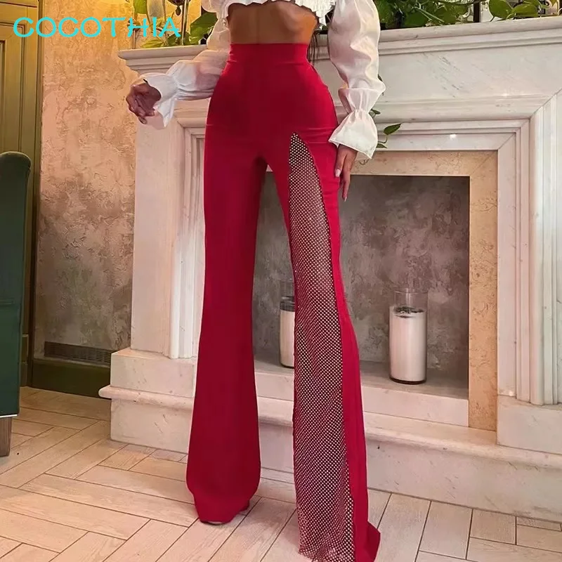 

COCOTHIA Sheer Mesh Hollow Out Solid Color High Waist Split Slim Fit Flare Pants Autumn New Arrivals Street Trendsetter Clubwear