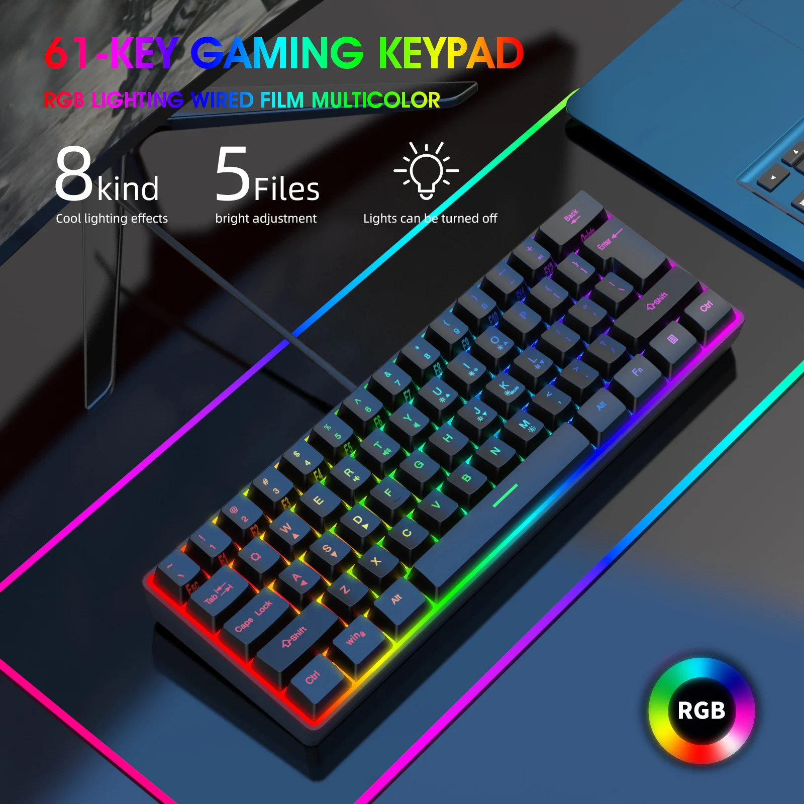 

61-key K401 Notebook Desktop Wired Game Manipulator Sense Electric Competition Game Keyboard RGB Luminous Keyboard Keycap