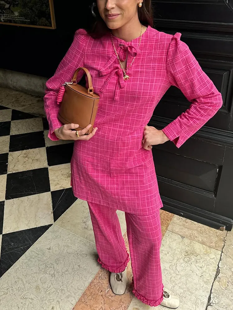 2025 женские элегантные клетчатые комплекты с широкими брюками и оборками модные