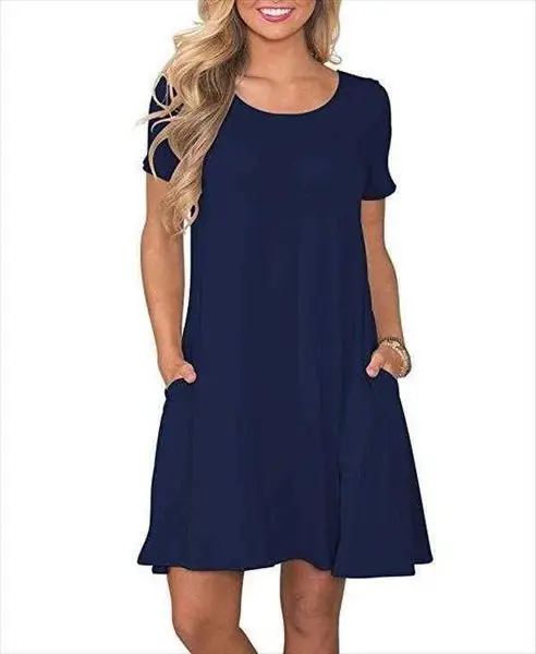 

Round Neck Dresses Solid Color Casual Pocket Short Sleeve Large Swing Dress