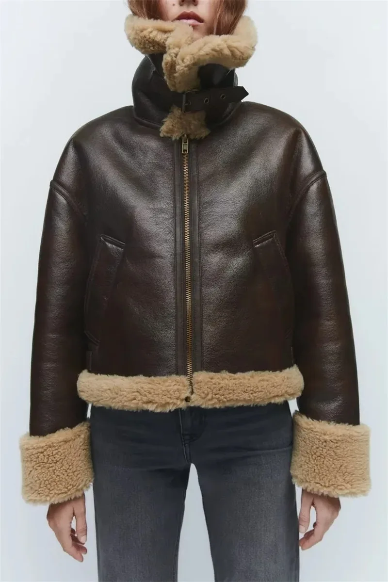 Women's clothing 2022 autumn new hot street fashion metal button lapel fleece jacket polyester PU fur patchwork coat