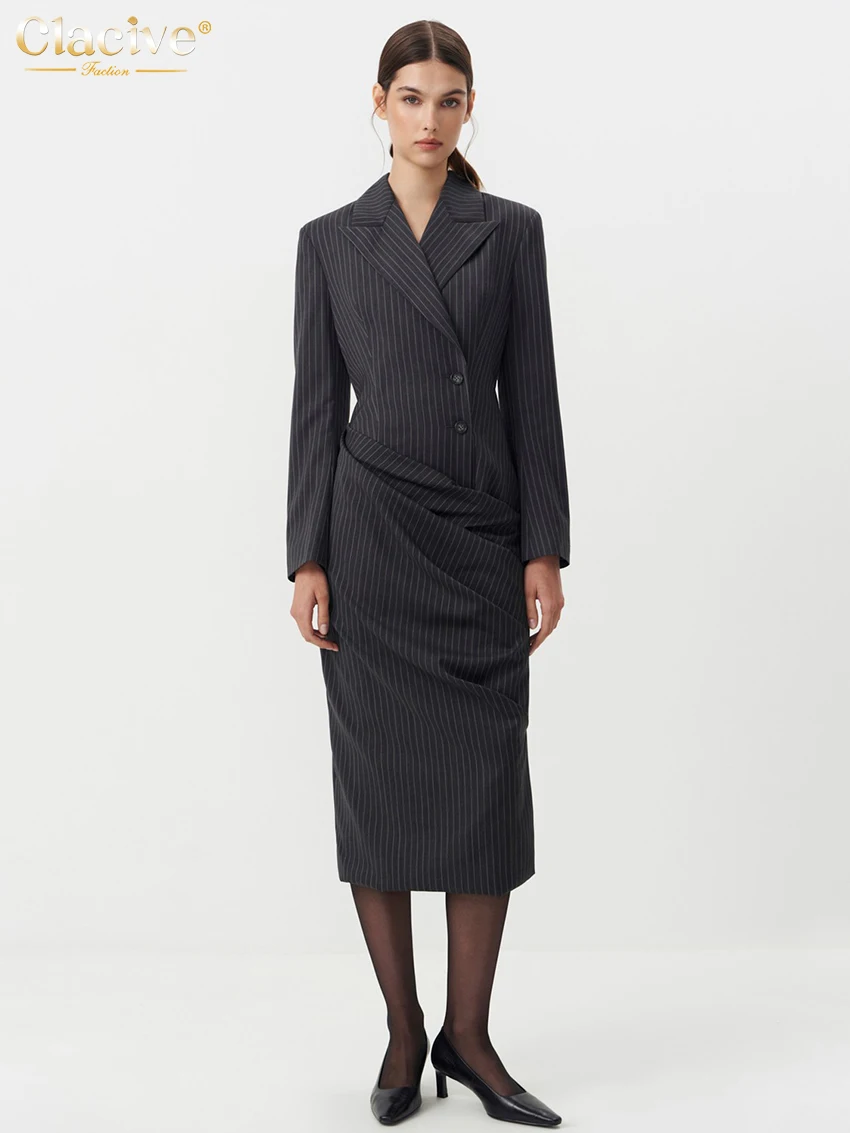 Clacive модное свободное женское платье в черную полоску 2025 элегантное миди с