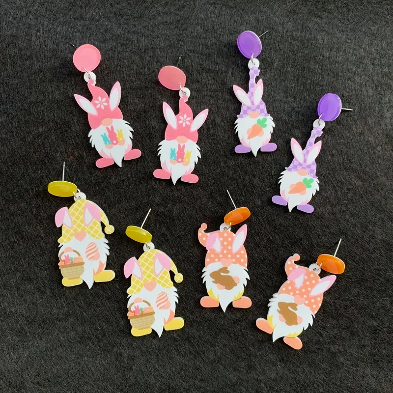

Милые Мультяшные розовые оранжевые желтые и фиолетовые Гном с пасхальным яйцом кроликом и морковкой акриловые серьги-гвоздики для женщин