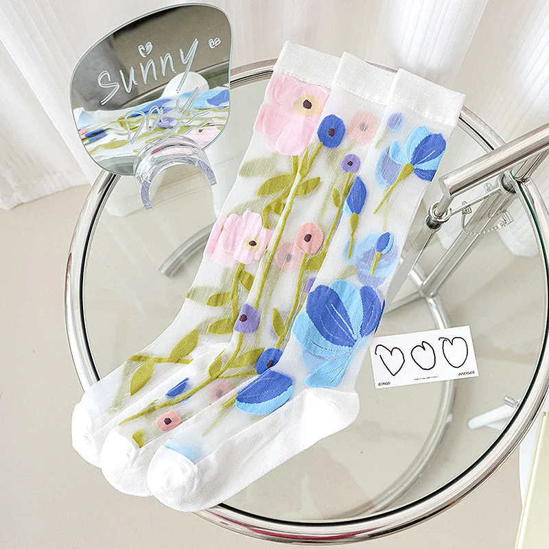 Ultra-thin Transparent Crystal Silk Socks Women Fashion Summer Harajuku Crew Socks Retro Flower Streetwear Elastic Long Sock New