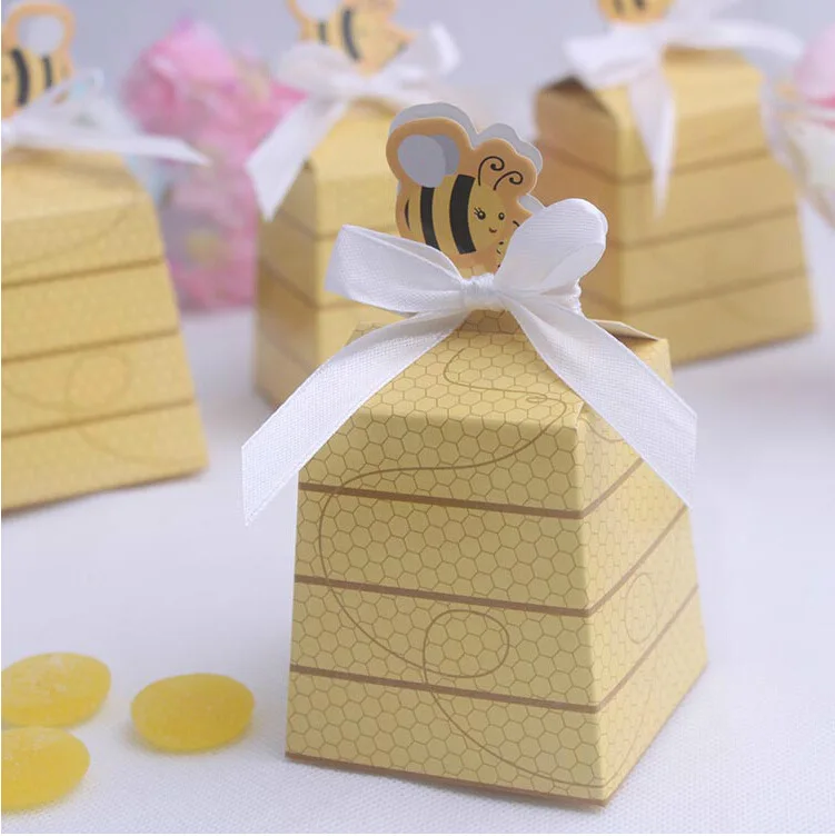 

50pcs/lot baby shower favor candy box Baptism Christening Birthday Gift honey bee box with bow tie party decoration