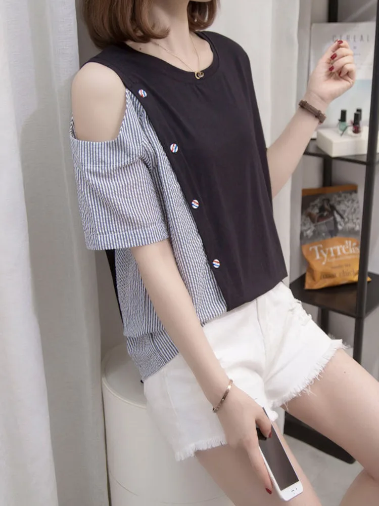 

Oversize L-4XL Off Shoulder Blouse Women 2022 Summer Stripe Patchwork Short Sleeve Large Shirts Button Round Neck Tops