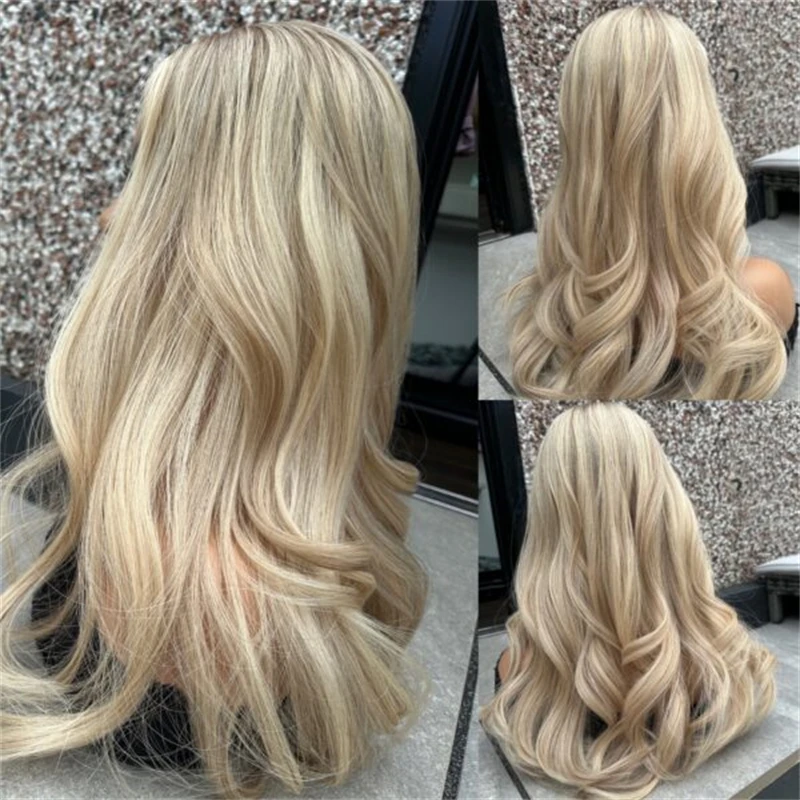 Фото Синтетический парик 13x4 Ombre Light Golden Blonde с невидимой HD-основой из кружева, мягкий длинный парик с волнистыми локонами, без клея, премиум-класса Futura №5
