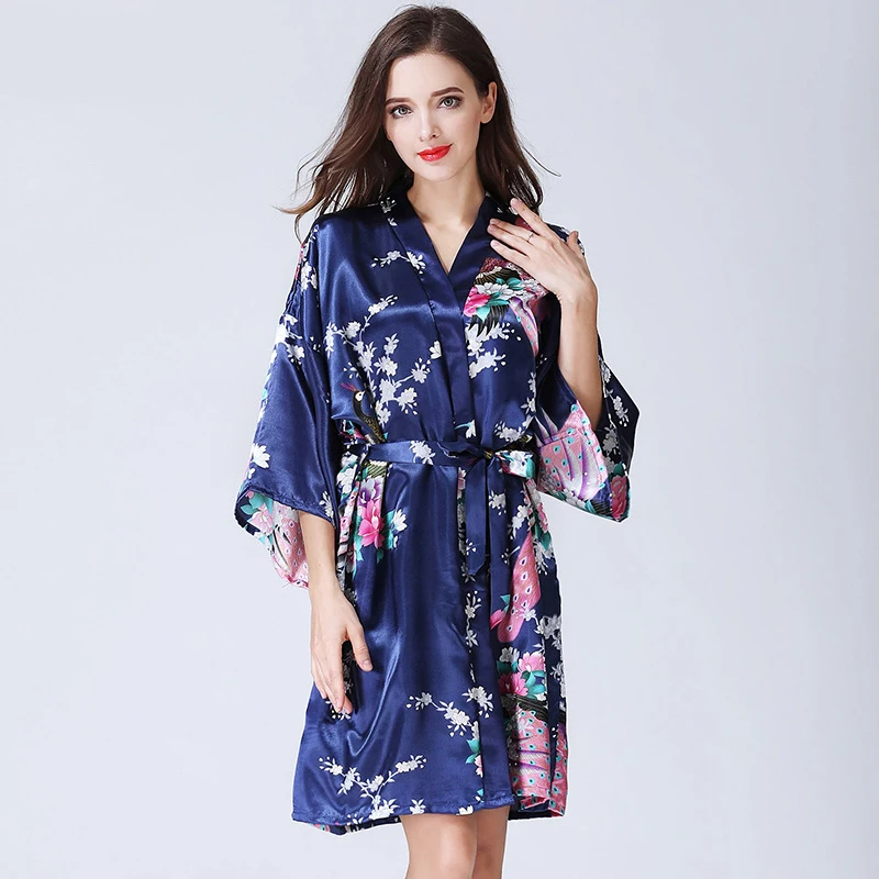 2022 Spring Summer New Ladies Silk Satin Thin Robes Kinomo Style Floral Printed Sleepwear Sexy Nightgown Femme Satin Homewear