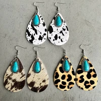 turquoise teardrop stone cowhide hairy leather water drop earrings for women 2022 trend antique silver jewelry genuine leather