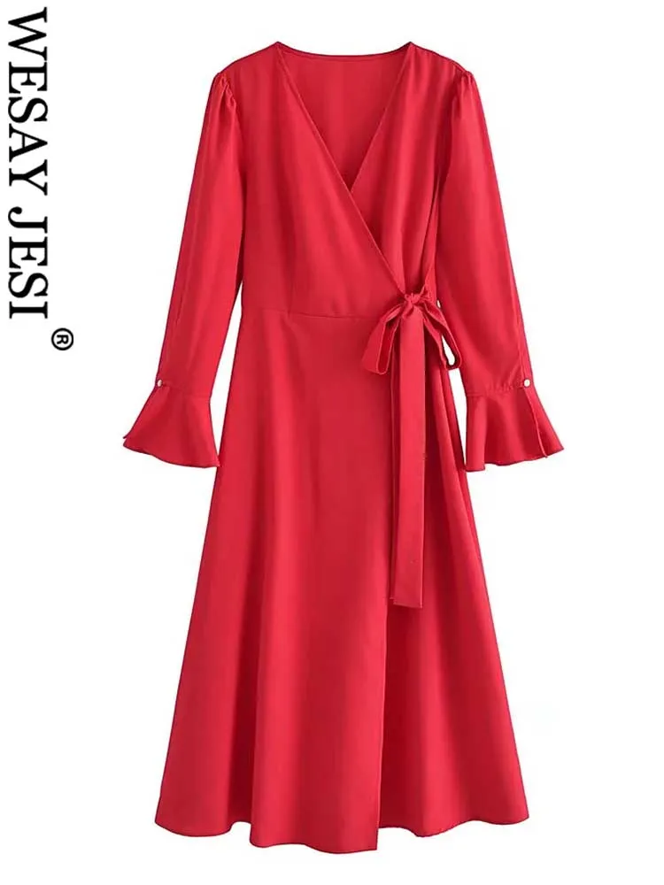 

WESAY JESI Elegant Women Long Dress Solid Color Red V-Neck Asymmetric Lace Up Long Sleeve Flared Cuffs Button 2022 Fashion Dress