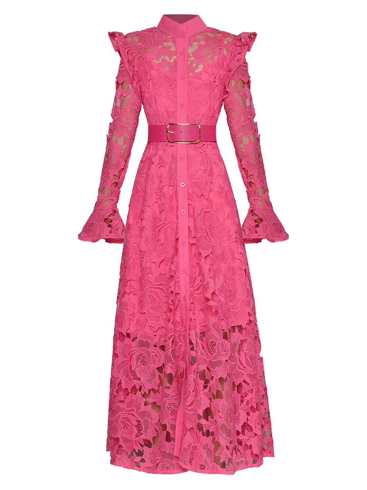 

Женское длинное платье с оборками, ажурное однобортное платье с воротником-стойкой, длинным рукавом и поясом, 2023