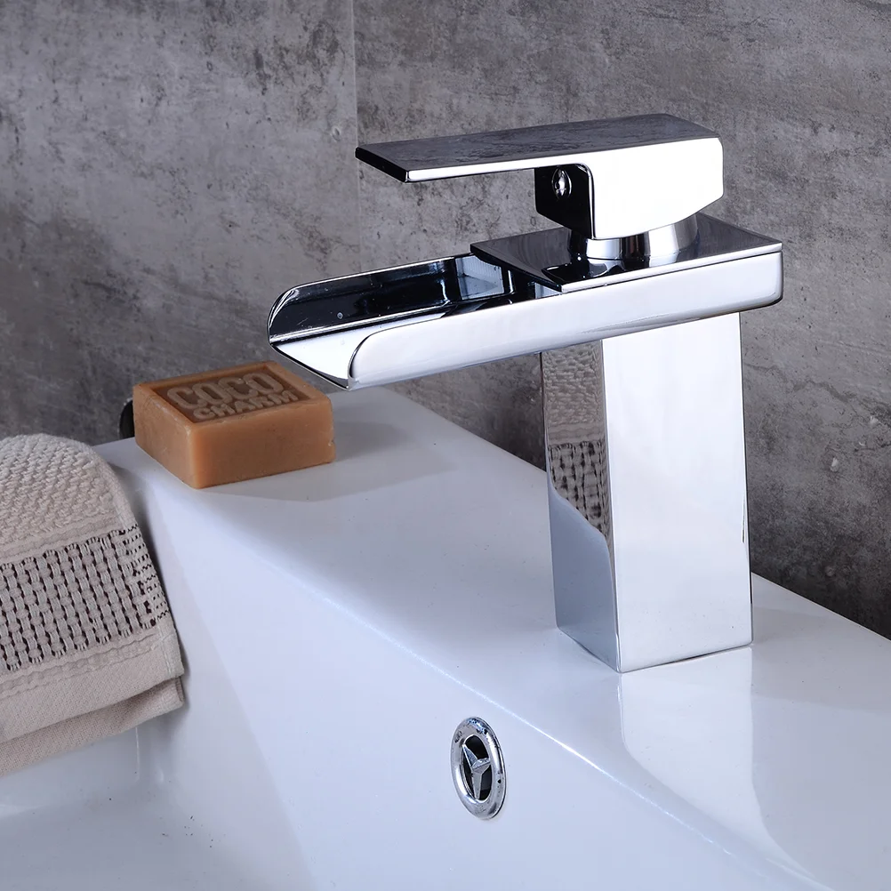 

Waterfall Bathroom Sink Single Handle Hot Cold Water Mixer Hole Vessel Lavatory