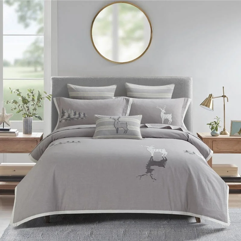 

Casual Simple style 100%Washed Cotton Comfy Duvet Cover Set 4/7Pcs Gray Deer Chic Double Queen King Bedding Bed Sheet Pillowcase