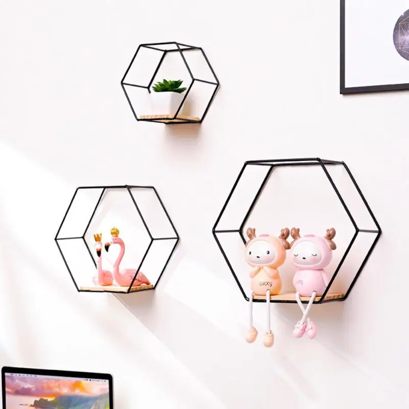 Wall Mounted Hexagonal Shelf Metal Framed Display Rack With Wooden Board Wall Decor Floating Wall Storage Holder Home Decoration