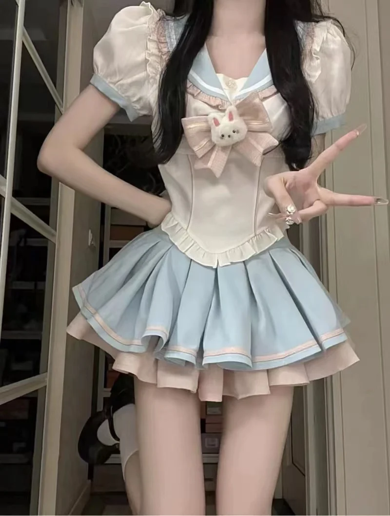 

Harajuku Soft Girl Sweet Summer Bow Solid Color Tierred Short Skirt Women Pink Slim Kawaii Casual All Match Preppy Fairycore