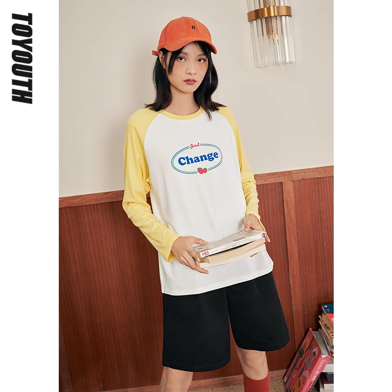 

Toyouth Women Tees 2021 Autumn Winter Long Sleeve O Neck T-shirts Contrast Color Strawberry Print Cute Vintage Casual Tops