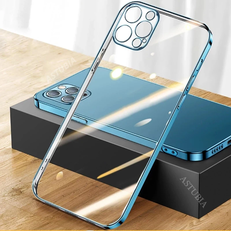 

ASTUBIA Luxury Square Frame Plating Case For iPhone 14 13 12 11 Pro Max Mini X XR XS 7 8 Plus SE 2 TPU Transparent Soft Cover