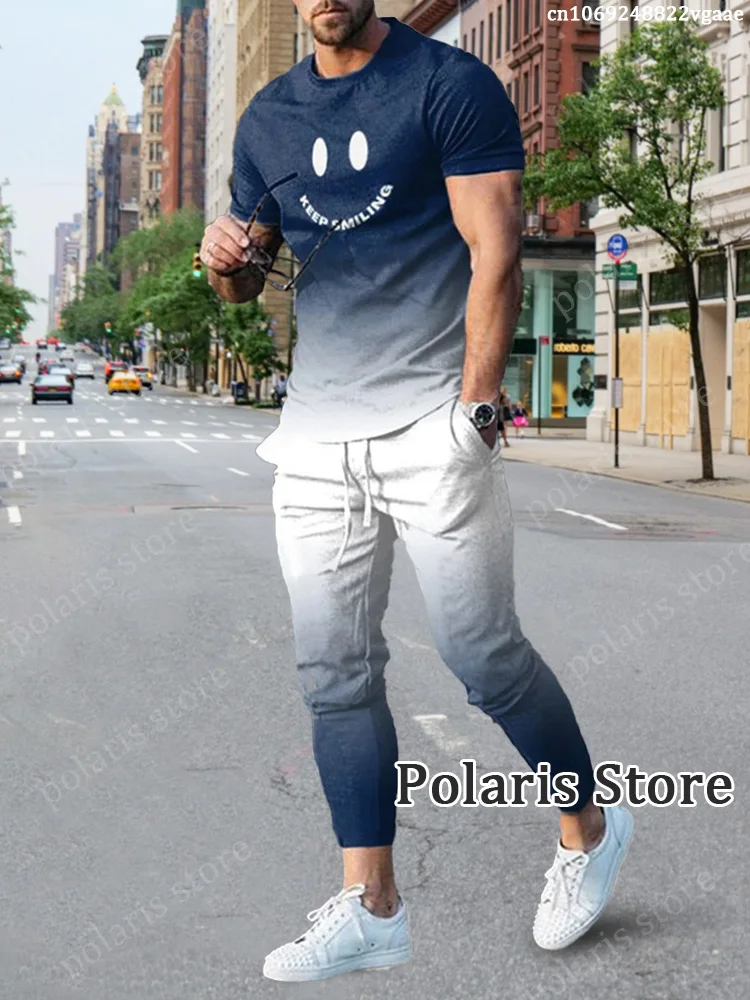 Summer Tracksuit 3D Printed Short Sleeve T Shirt 2 Piece Outfits Streetwear Fashion Long Pants Set Men Tshirts Sets Sportswear