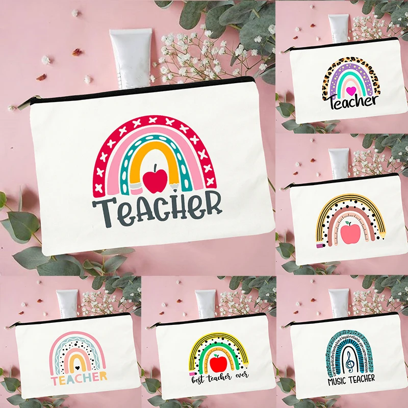 

Rainbow Teacher Print Women Pencil Bag Best Teacher Gift Makeup Bag Travel Cosmetic Beauty Case Organizer Toiletry Storage Pouch