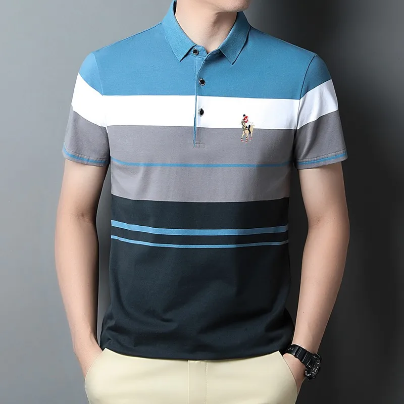 Embroidered logo Summer men's striped polo shirt New cotton short sleeved T-shirt Men's casual business top Golf