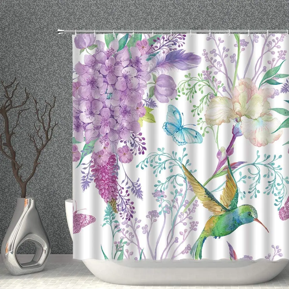 

Занавеска для душа с цветами, декоративная Весенняя занавеска для ванной, акварель, цветок, птица, Бабочка, натуральное растение, фиолетовые...