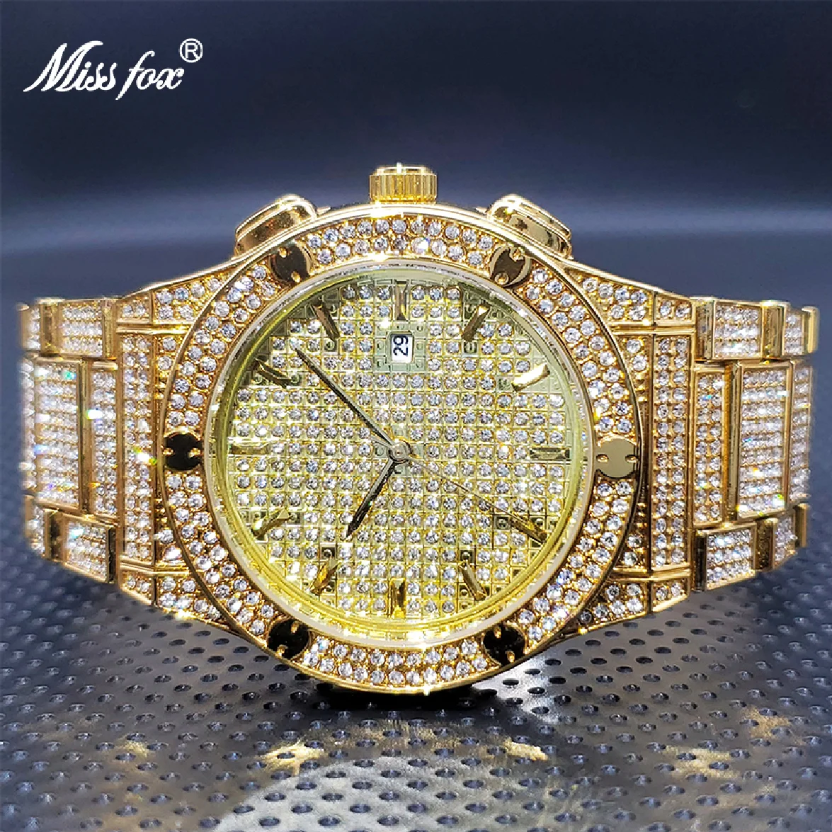 

18K Gold Watch For Big Man New Luxury Classic Auto Calendar Full Moissanite Bracelet Quartz Watches Droshipping Orologio Uomo