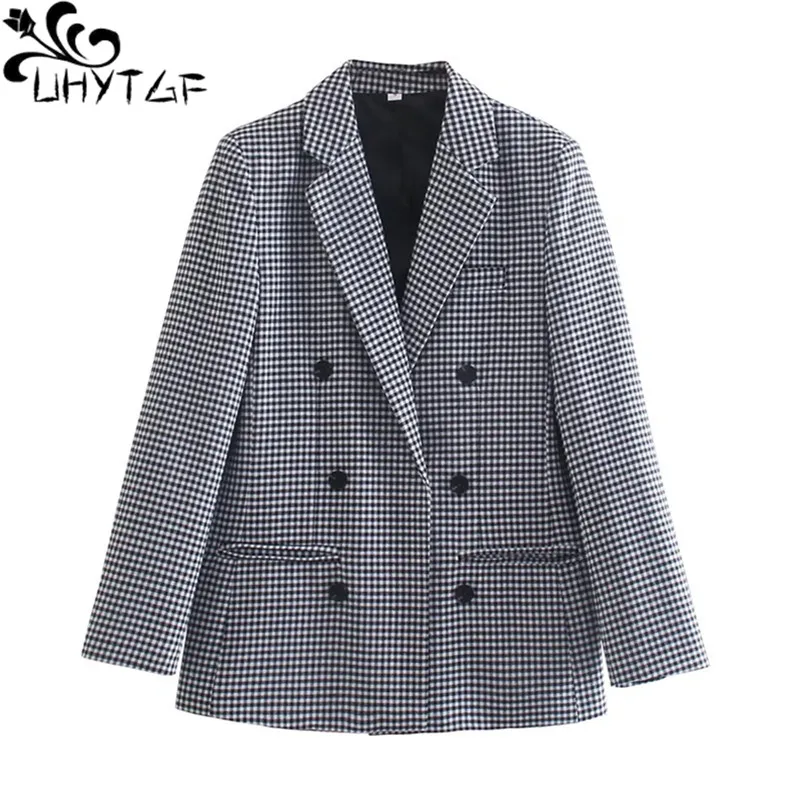 

UHYTGF 2023 Autumn Jacket Women's Fashion Double Breasted Plaid Blazers Coat Female Casual Windbreaker Ladies Abrigo Mujer 2439