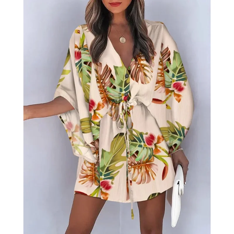 Casual Sexy Printed Nightgown Women's 2023 Summer Loose V-neck Batwing Sleeve Lace-up Dress Can Be Worn Outside Home Clothes