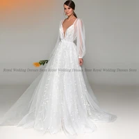 fashion a line wedding dresses v neck draped puff sleeve print applique open beck 2022 summer floor length gowns robe de ma