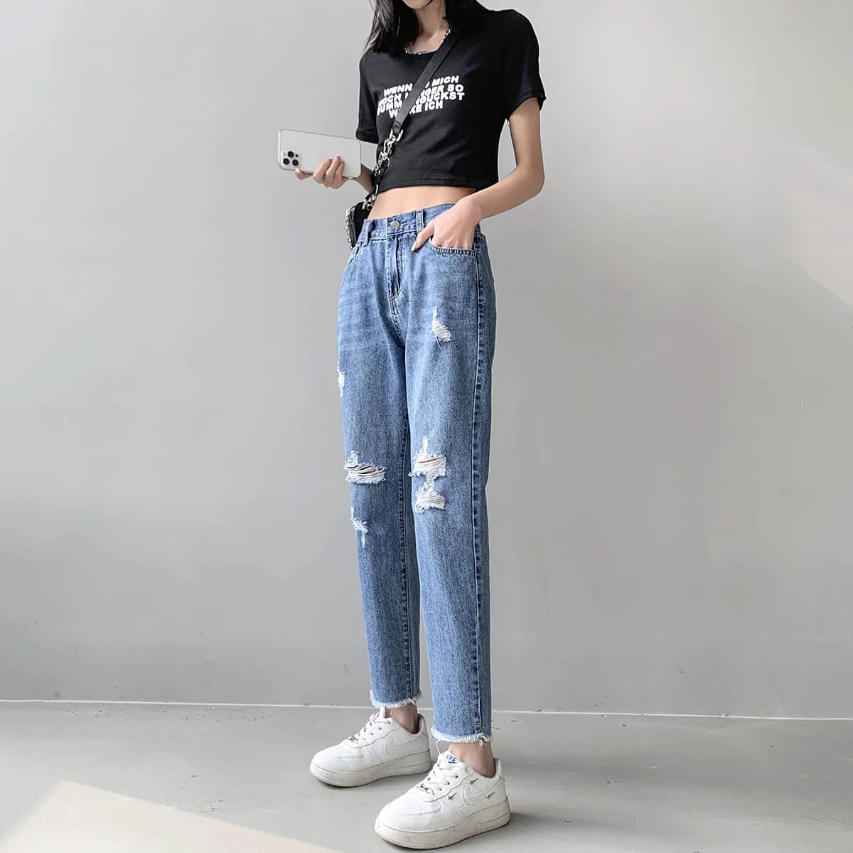 

Woman Hole Jeans Luxury Brand Acne Ac Studios Street Fashion Pants High Waist Jeans for Lady Female Washed Denim Pants