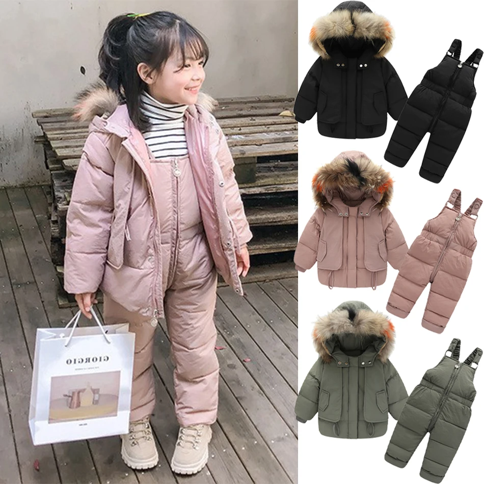 

2022 Children Winter White Duck Down Clothing Sets New Baby Girl Overalls Ski Snow Suit for Boys Kids Nature Fur Jacket+ Pants