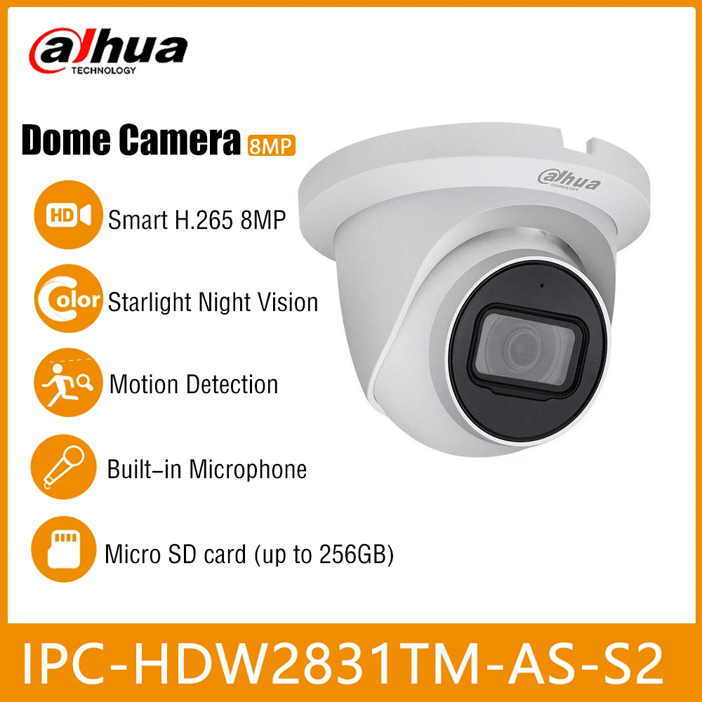 

Dahua IPC-HDW2831TM-AS-S2 8MP Lite IR 30m Smart H.265 Starlight Fixed-focal Eyeball Network IP POE Camera IP67 Built-in Mic WDR