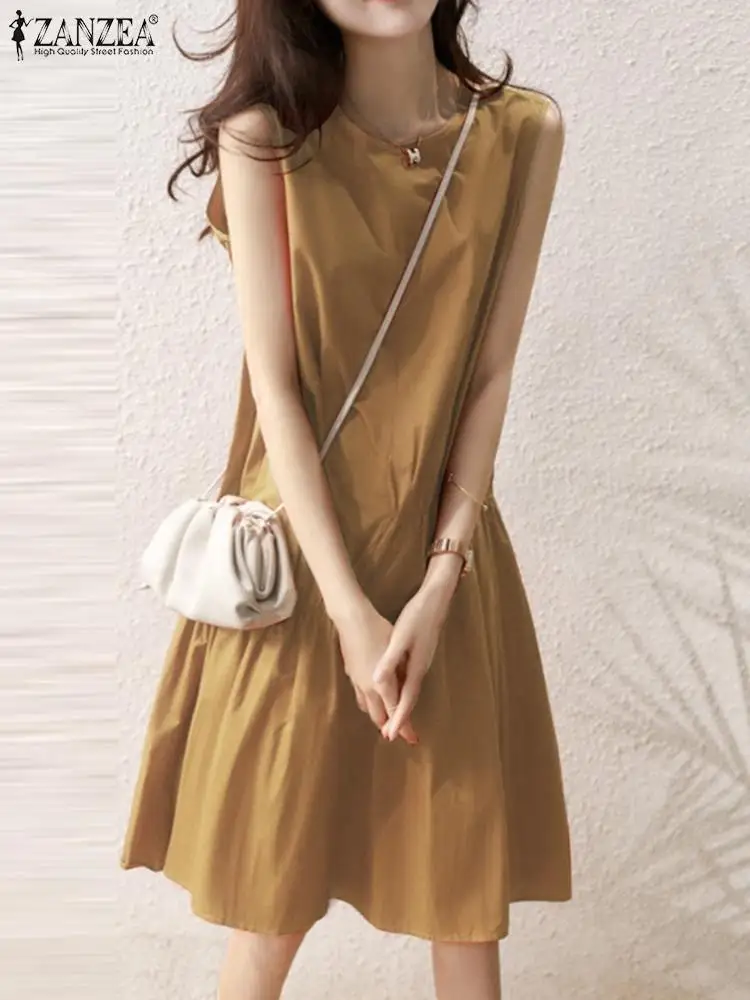 

ZANZEA 2023 Summer Sleeveless Tank Dress Fashion Solid Color Short Dresses Women O-neck Robes Holiday Asymmetrical Pleats Dress