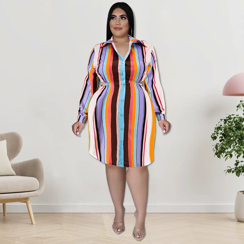 Plus Size Dress Turn-down Collar Stripe Long Sleeve Shirt Knee-length Elegant Dresses for Women Party Dresses Office Lady Full