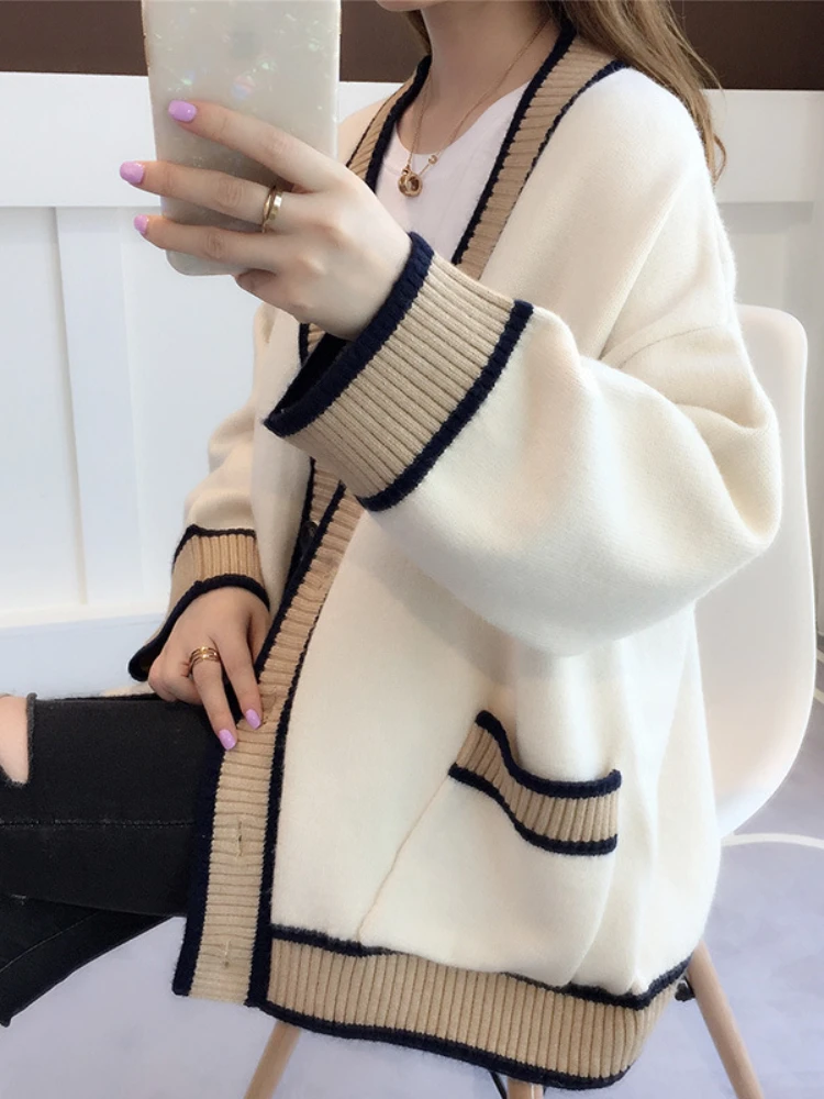 Cárdigan de punto para mujer, suéter de lana a rayas de moda coreana, de manga larga con cuello en V, abrigos de punto informales para mujer, Invierno