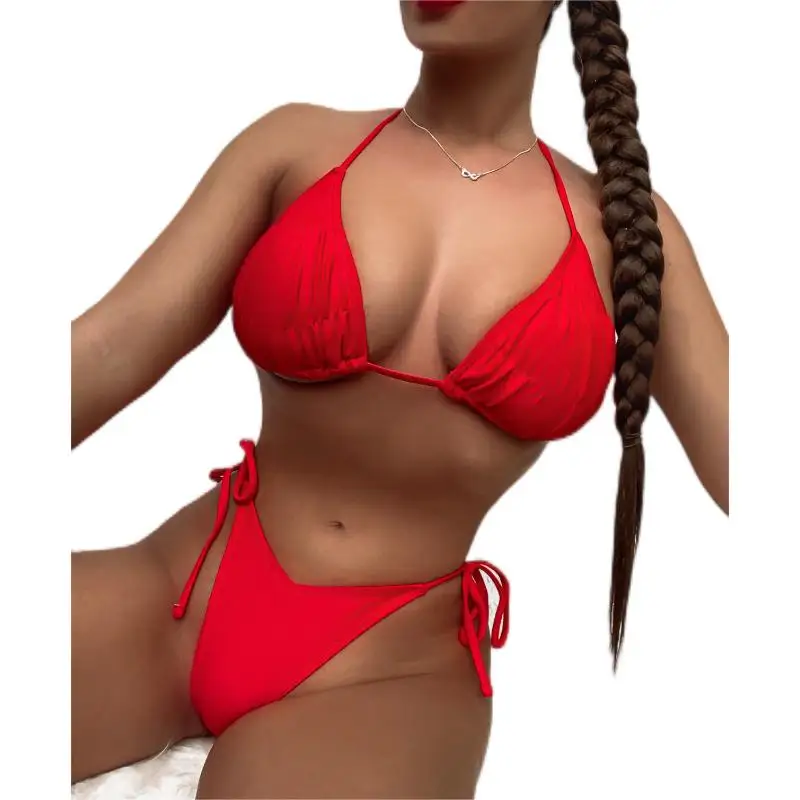 

Solid Color Pleated Bikini Women 2023 Triangle Cup 2-piece Swimsuit Sexy Backless Bathing Suit Low Waist Thong Beachwear QCB711F