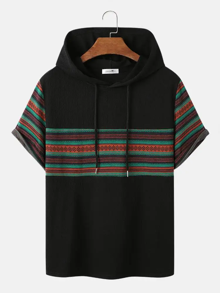

CharmkpR Tops 2022 New Men Tribal Pattern Stitching Ethnic Style Camiseta Fashion Casual Male Short Sleeve Hooded T-Shirts S-5XL