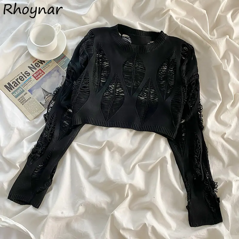 

Hollow Out Pullovers Women Thin Summer Sun-proof Sexy Club Y2k Clothes Sweaters Knitted All-match Solid Long Sleeve Hipster New