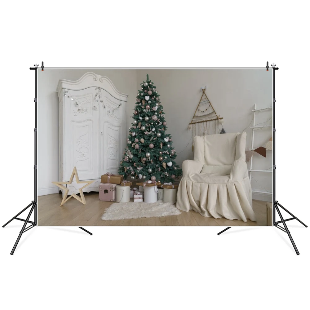 

Christmas Tree Gifts Cabinet Chair Room Scene Photography Backdrops Custom Baby Party Decoration Photo Booth Studio Backgrounds