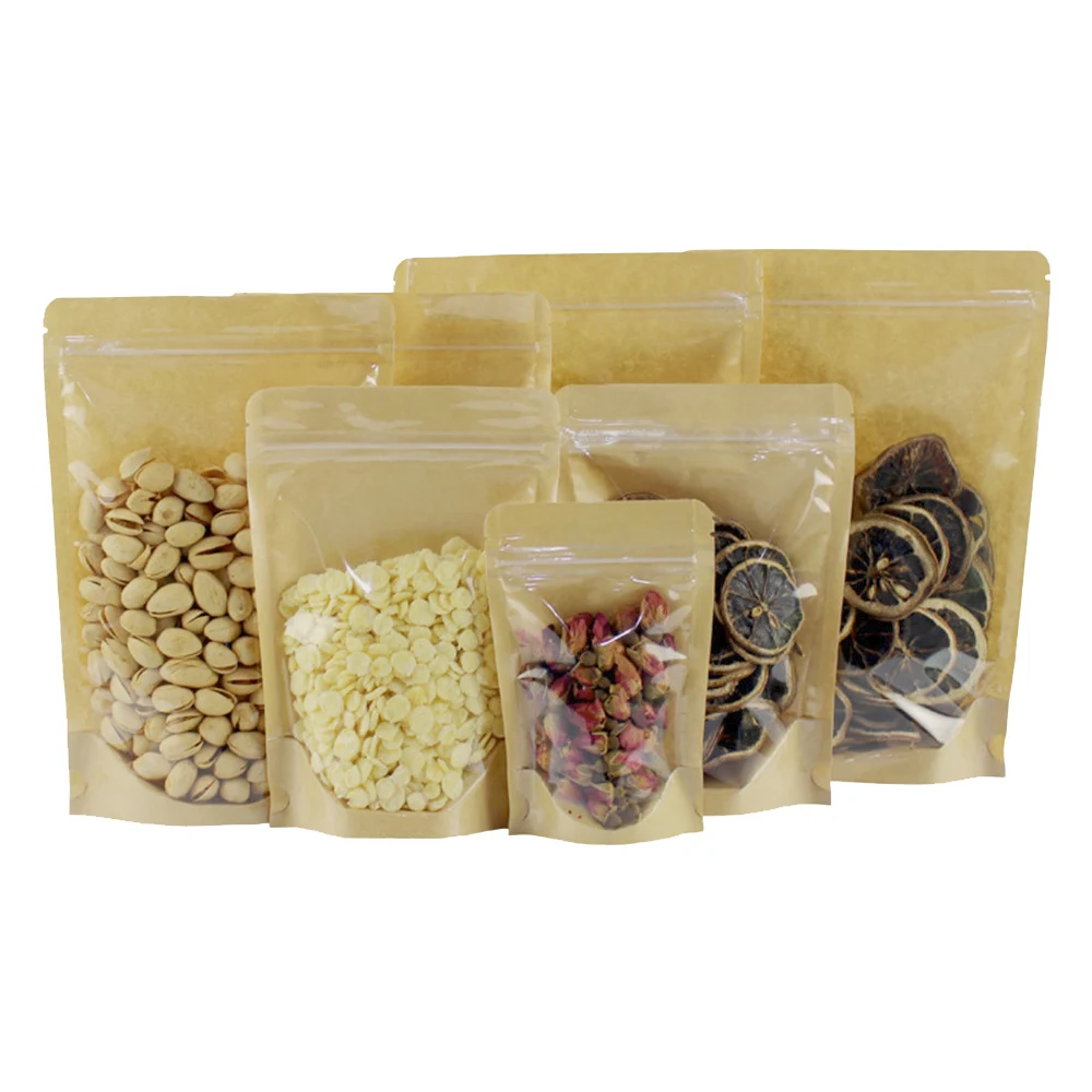 

50Pcs Food Grade Kraft Paper Packaging Zipper Bag Stand Up Pouch One Side Clear Food Snacks Tea Storage Package
