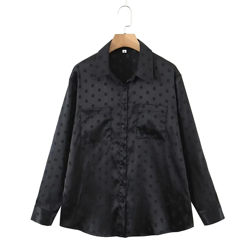 

Casual Spring Long Sleeve Dot Tops Street wear Black Blouse Women Turn Down Collar Satin Shirt Lady Tops