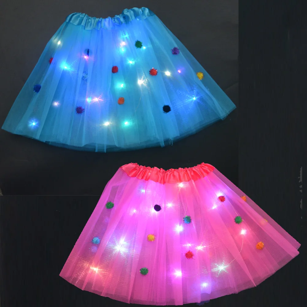 

2pcs Girls Kids Pompon Ball LED Light Up Skirt Tutu Ballet Dance Neon Party Fairy Birthday Gift Easter