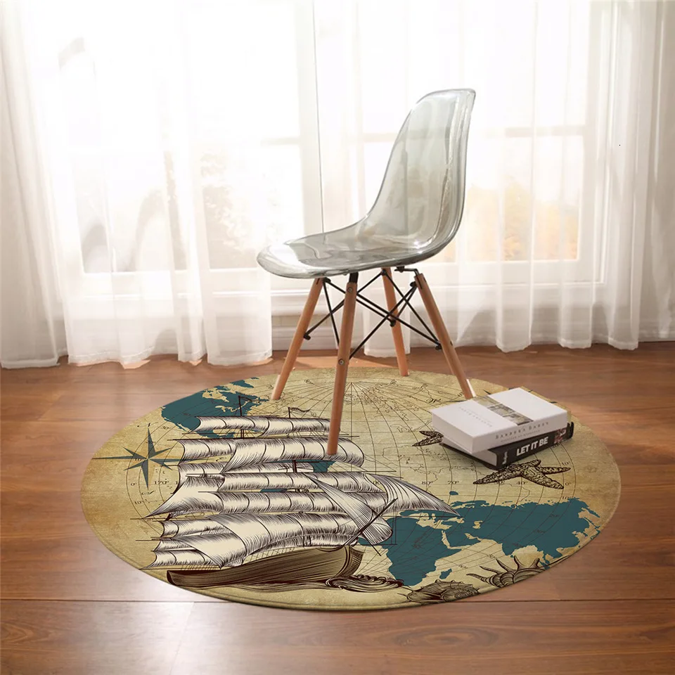 

Sailing Ship Round Carpet Nautical Non-slip Area Rugs World Map Retro Floor Mat Oceans Shells Brown Play Mat