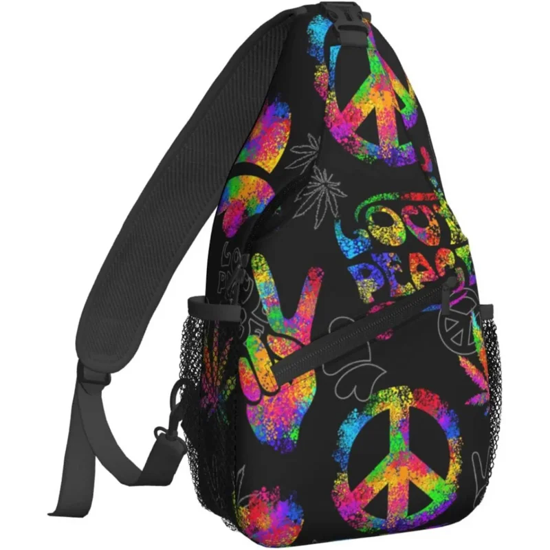 

Rainbow Peace Love Sign Gesture Sling Backpack Chest Bag Crossbody Shoulder Bag Cycling Travel Hiking Daypack for Men Women